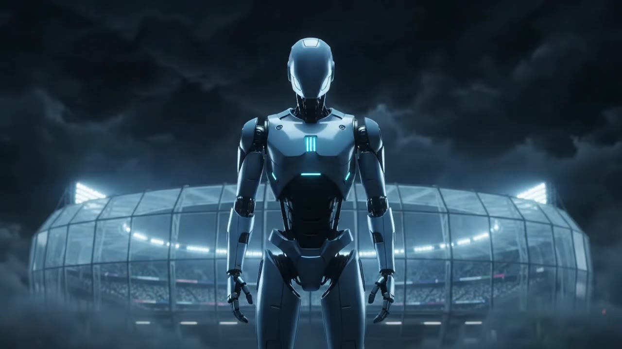 The Concord: a steel-blue armoured robot standing before a glass stadium under a storm