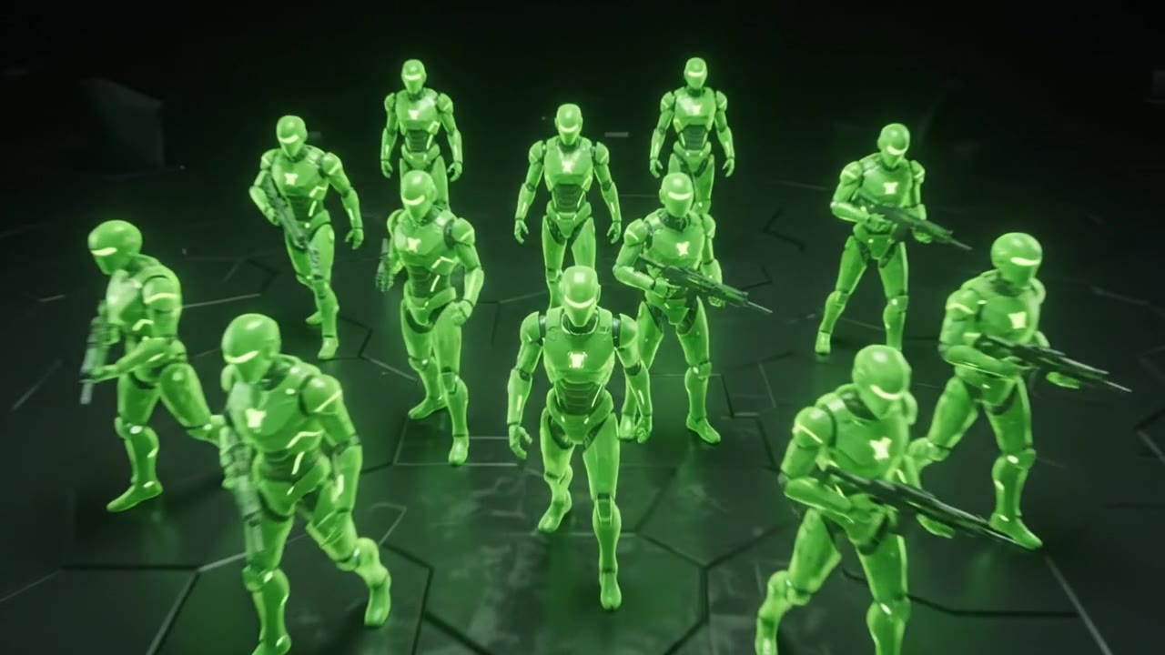 The Hive: a swarm of identical green robots advancing across a dark floor