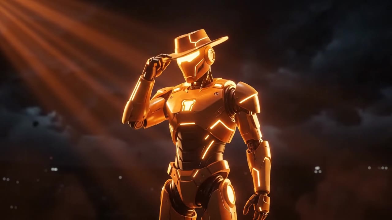 The Outlands: an orange robot prospector tipping a wide-brimmed hat in shafts of light